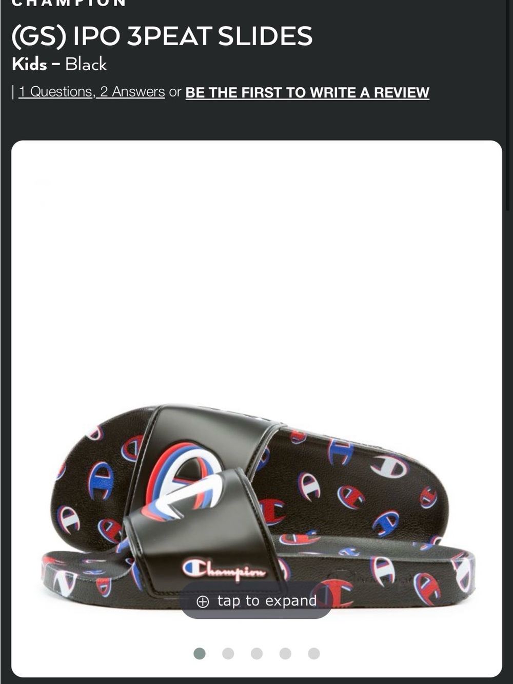 Champion Black IPO 3PEAT Youth Slide Sandals with Red & Blue Logo Accents